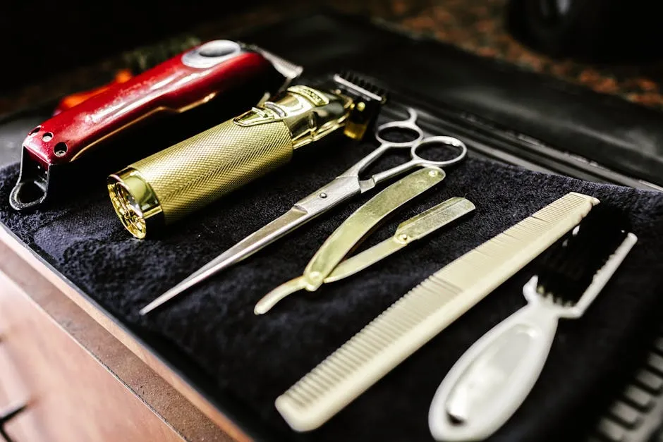 A collection of essential barbershop tools including trimmers, scissors, and razors neatly arranged.