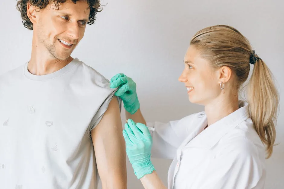 A nurse administering a vaccination shot to a smiling patient indoors.