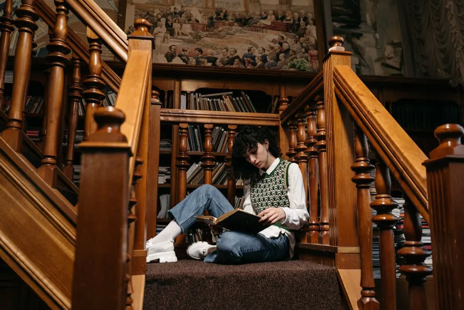 A person reading a book on wooden stairs surrounded by bookshelves in a library.