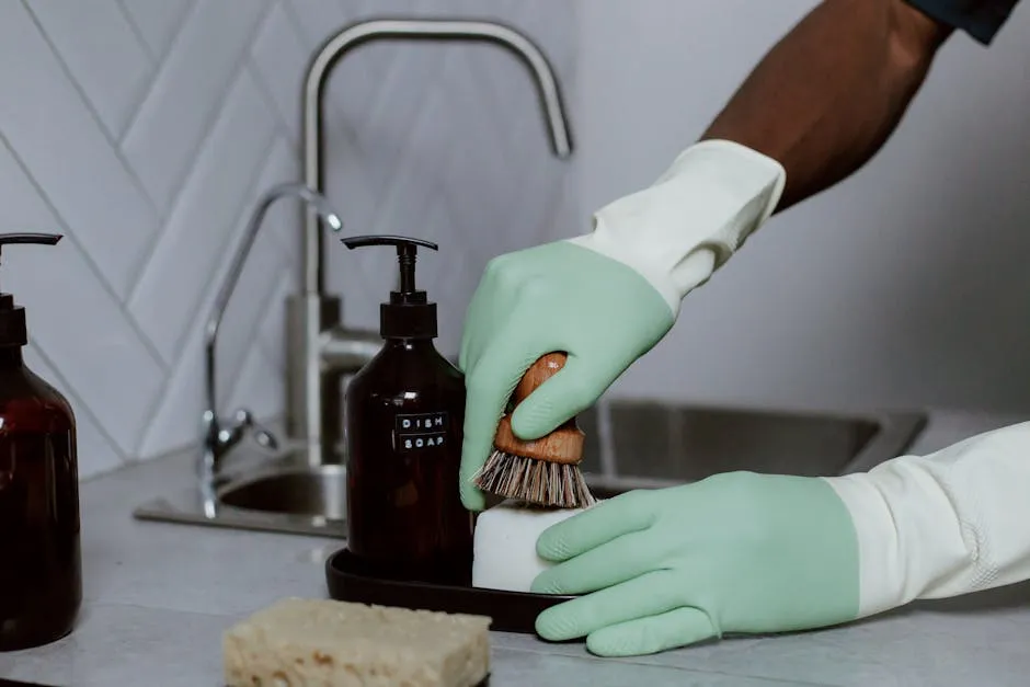 Close Up of Male Hands in Latex Gloves for Washing Dishes