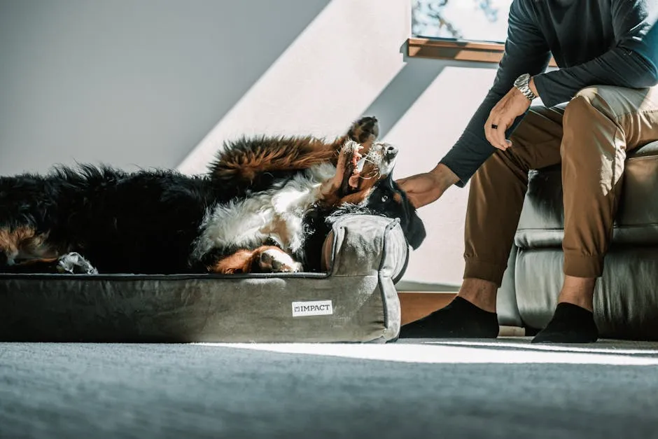 A Bernese Mountain Dog relaxes on a pet bed in a chic indoor setting, enjoying a gentle pet from a person.