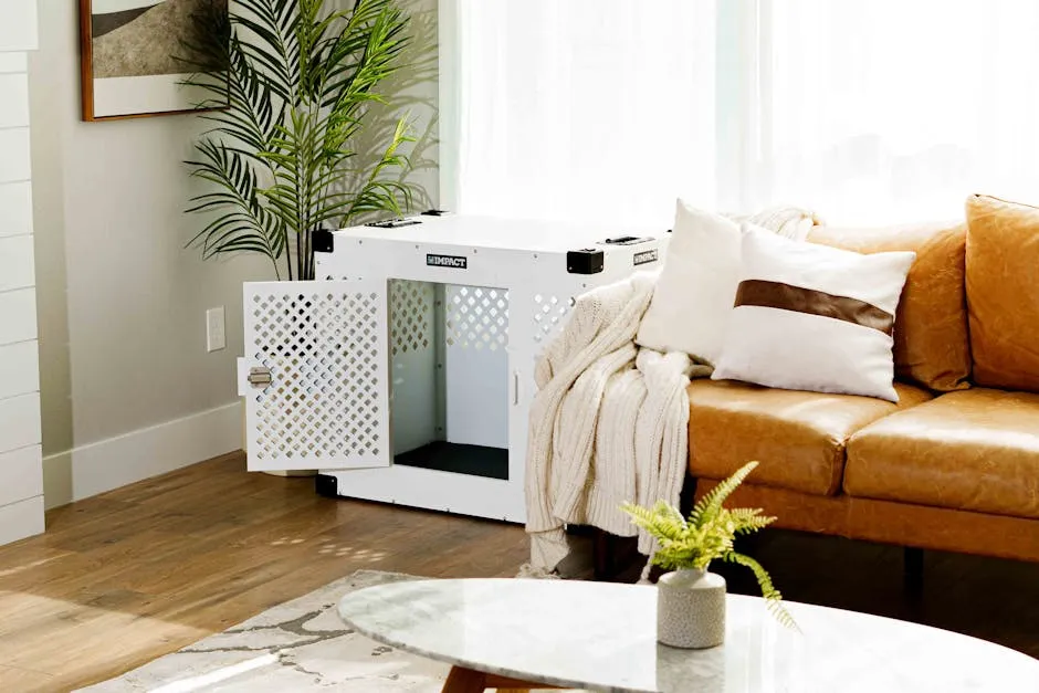 Warm living room with leather couch, white dog crate, and natural light.