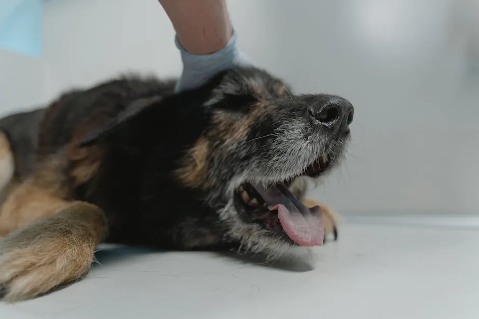 Close-up of a German Shepherd dog resting on a vet's examination table, showing comfort and care.