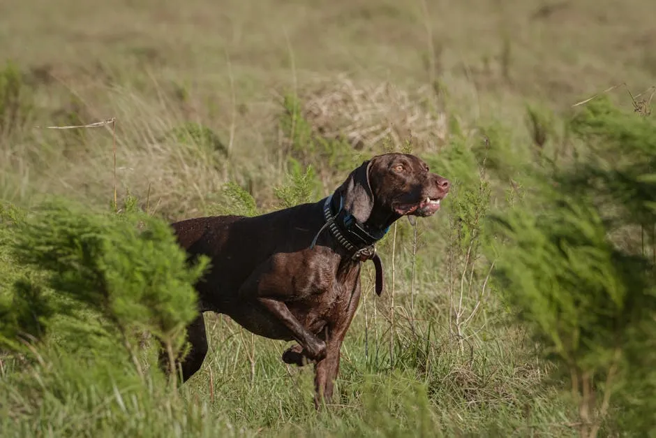 German Shorthaired Pointer running through grassy field. Energetic and focused dog.