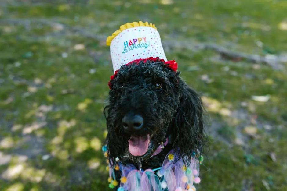 Black poodle wearing birthday hat and costume in a park setting, joyful celebration.