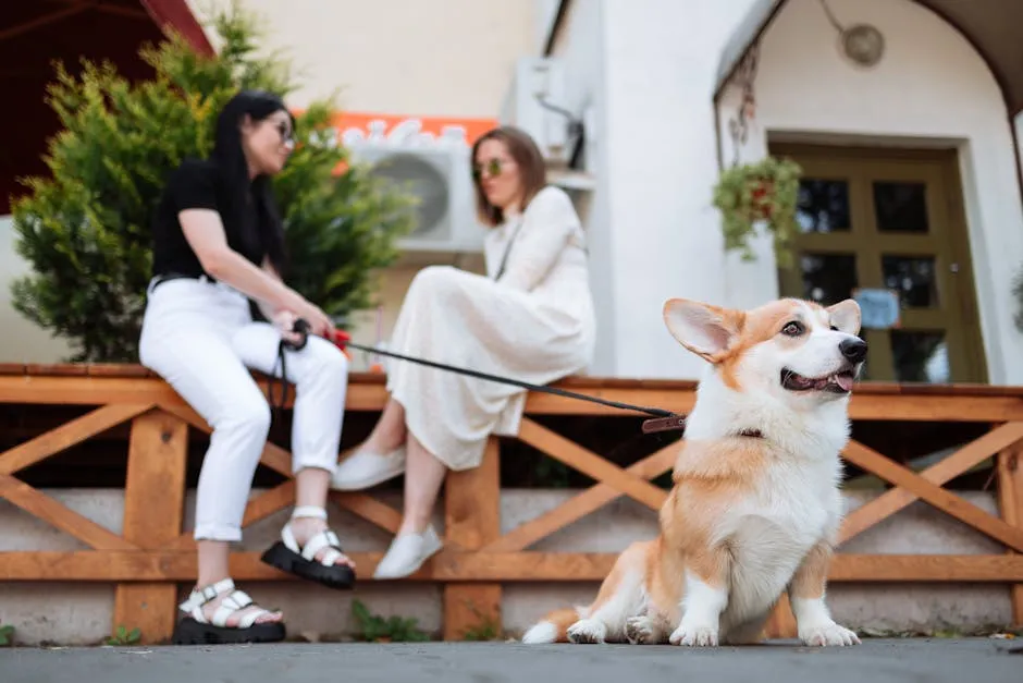 Two women enjoy a day outdoors with a Pembroke Welsh Corgi sitting on a leash.