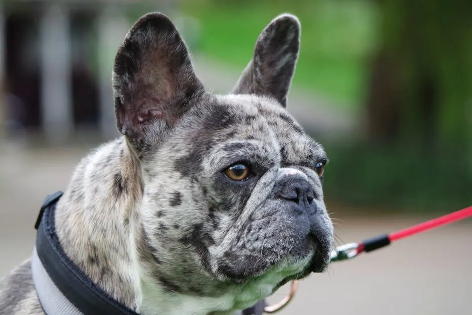 Adorable French Bulldog wearing a harness outdoors on a leash, looking to the side.