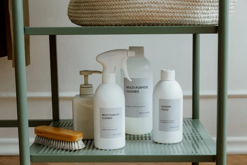 Bottles of Cleaning Products Standing on Metal Shelf