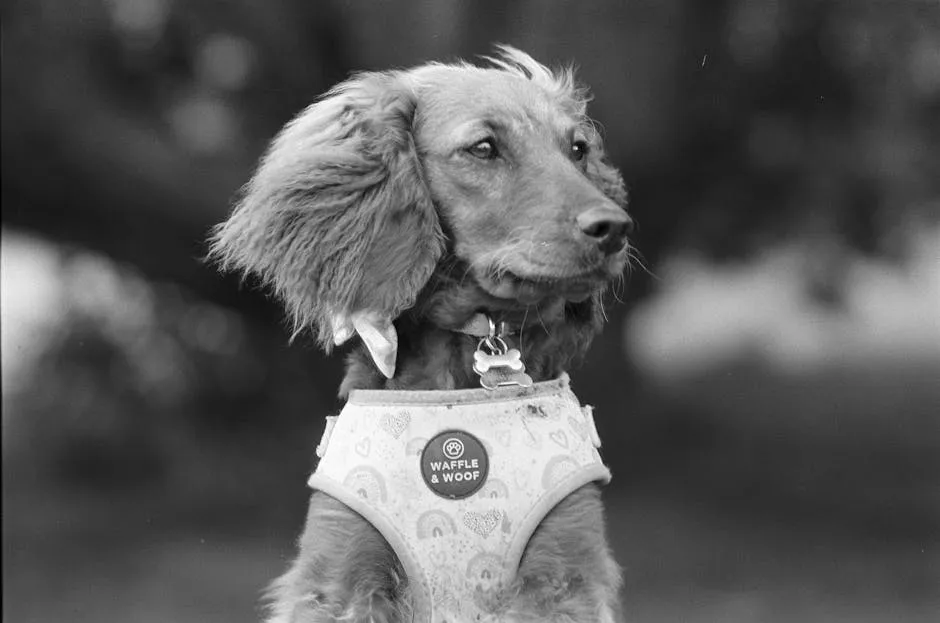 A cute dog wearing a patterned harness with 'Waffle & Woof' tag. Perfect for pet lovers.