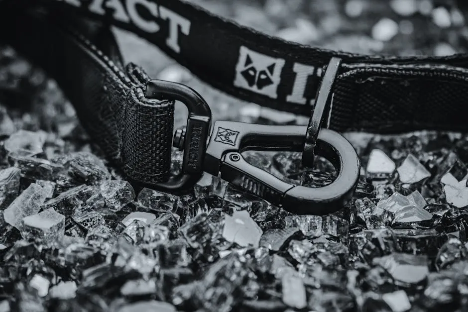 Close-up of a durable Impact dog leash resting on shattered glass for a rugged look.