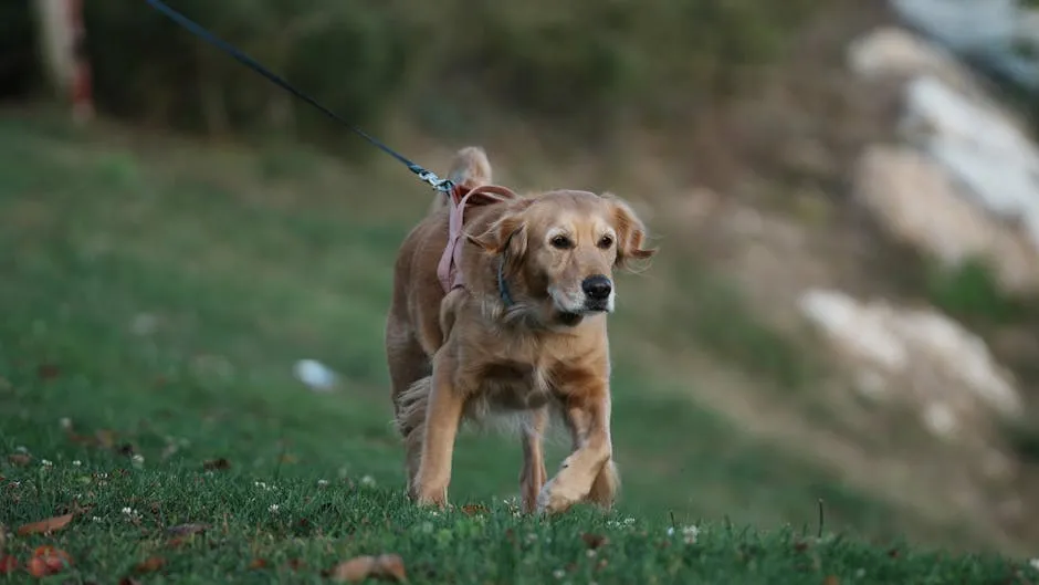 Golden Retriever walking on grassy hill with a leash in nature setting.