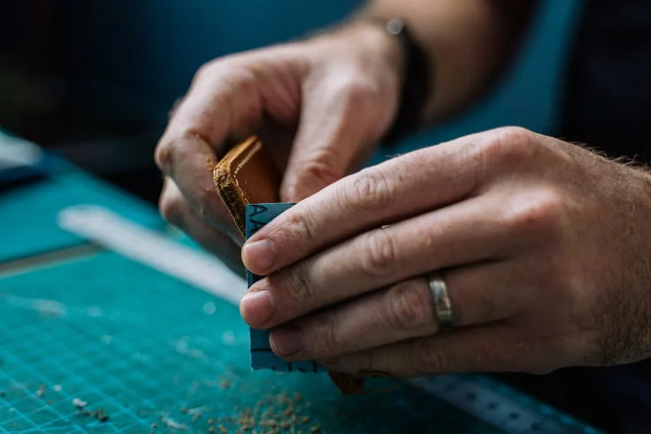 Close-up of skilled craftsman hands sanding a handmade leather wallet, showcasing fine craftsmanship and attention to detail.