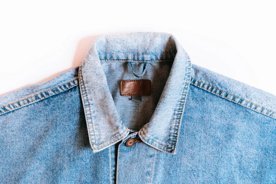 Blue denim jacket collar close-up on a white background, showcasing classic style.