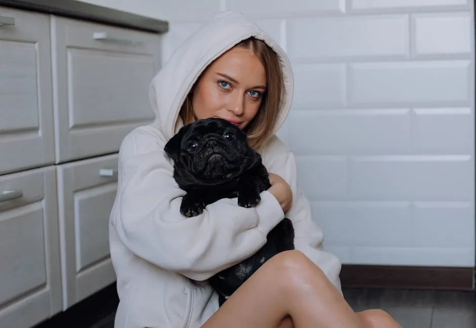 A woman in a hoodie cuddles a black pug indoors, conveying warmth and affection.
