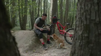 Horizontal video: A cyclist with his dog in the forest 8926804. Duration: 37 seconds. Resolution: 3840x2160