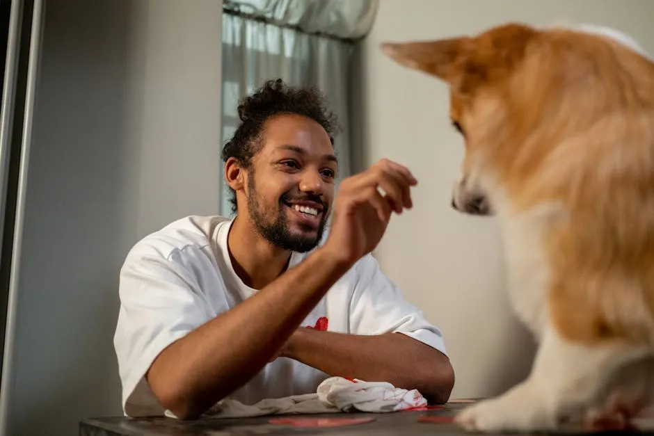 A joyful man interacting with a cute corgi indoors, sharing a playful moment.