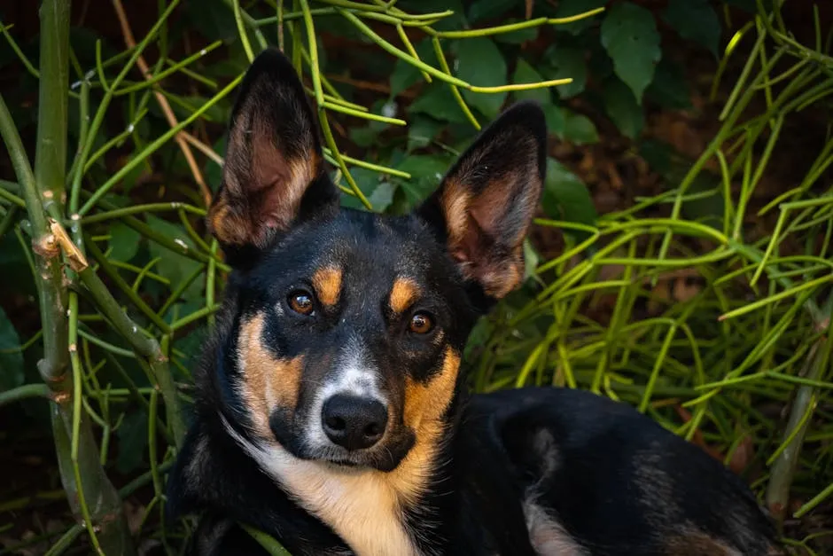 A detailed portrait of an Australian Kelpie dog surrounded by lush green foliage.