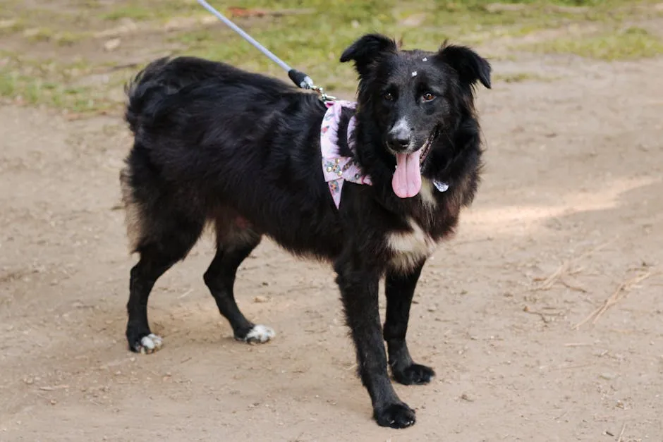 Lively border collie wearing a bandana on a leash in a natural setting, showing excitement and playfulness.