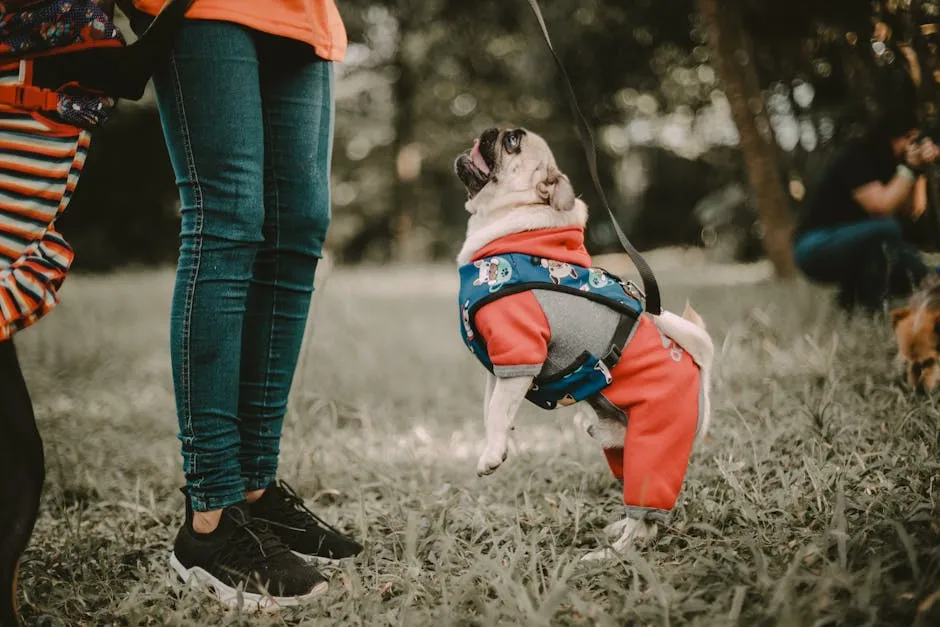 A pug dressed in a stylish outfit jumps playfully in a park while held by a woman.