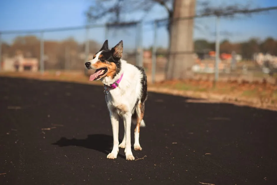 A merle border collie dog standing outdoors on a sunny day.