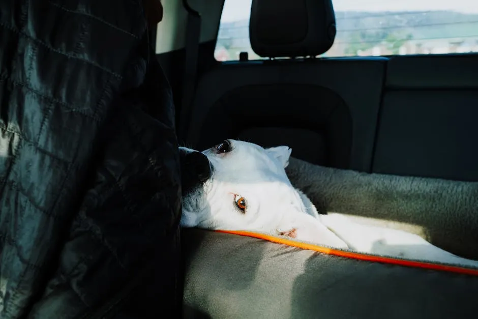 A white dog resting comfortably on a backseat in a car, hinting at a peaceful car journey.