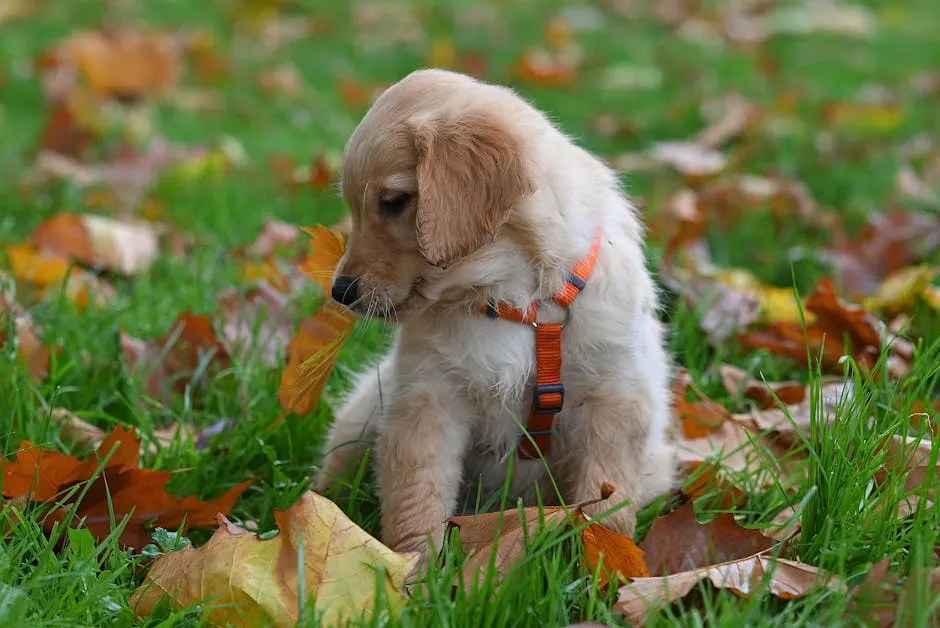 Cute Golden Retriever puppy in a park surrounded by fallen autumn leaves.