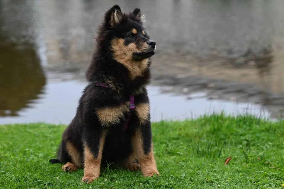 A Finnish Lapphund puppy sits calmly by a serene pond on a lush green lawn.