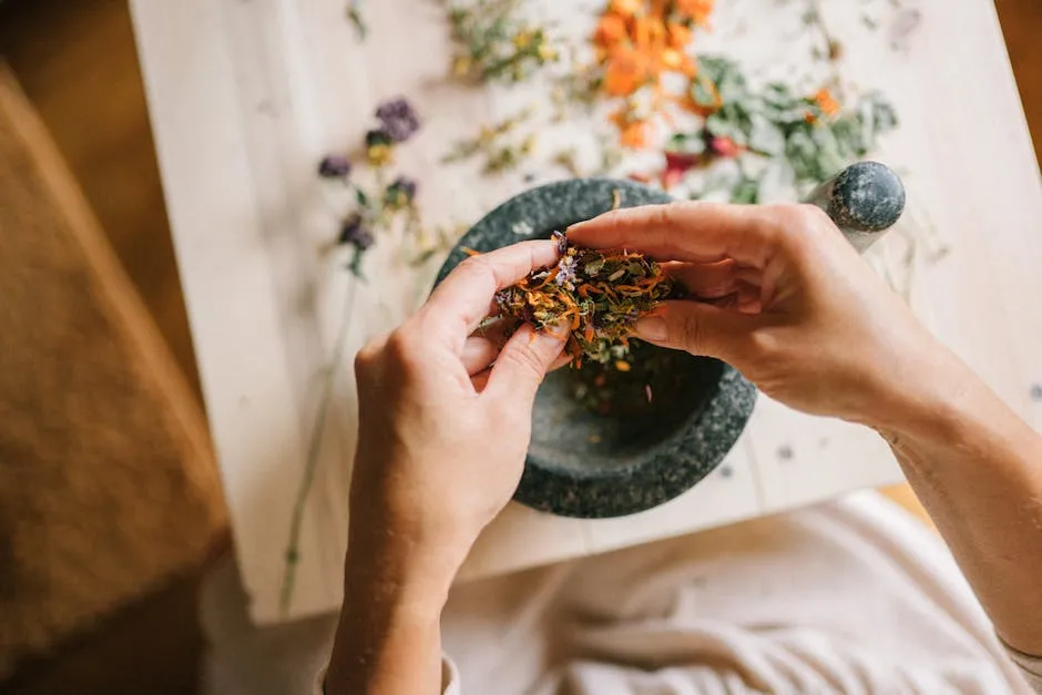 Close-up of hands mixing dried herbs with a mortar and pestle for herbal medicine preparation.