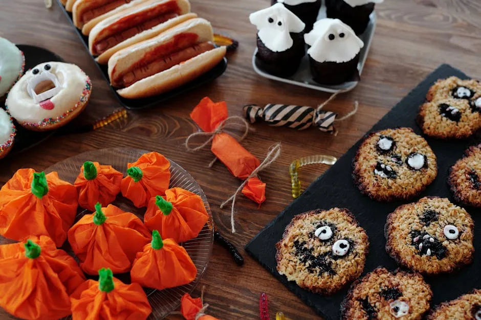 A vibrant spread of Halloween-themed treats perfect for a spooky celebration.