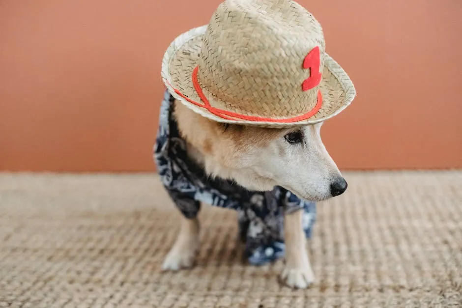 Charming dog wearing a straw hat and stylish clothing, posing indoors.