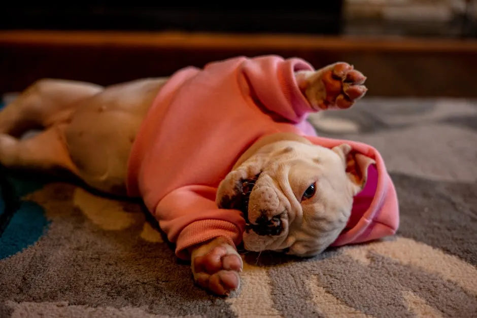 Cute French bulldog in pink hoodie lying on a carpet indoors, showcasing pet fashion.