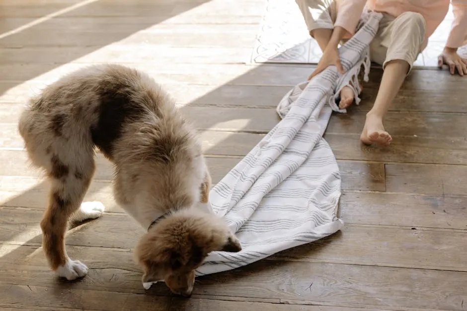 A cute dog playing with a towel indoors on a wooden floor with a person nearby.