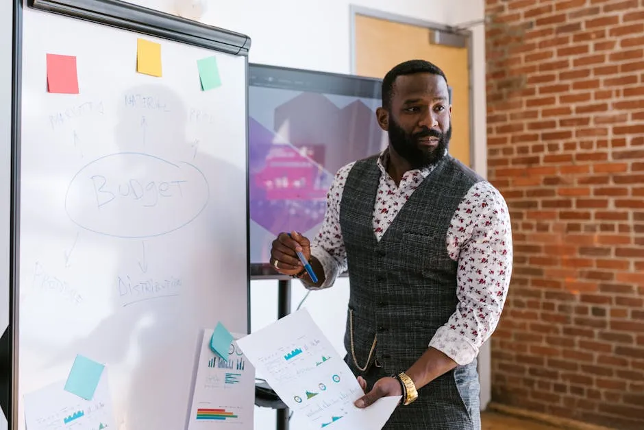 Entrepreneur presenting budget strategy using whiteboard in modern office.