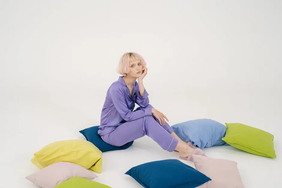 Woman in purple pajamas seated among colorful pillows, isolated on white background.