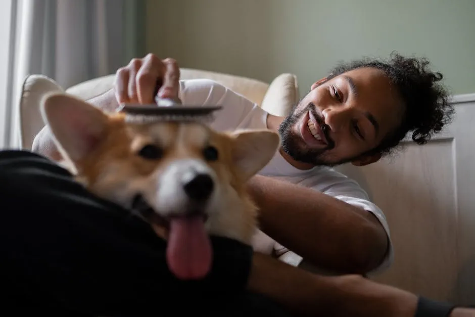 A cheerful man brush combs his happy Corgi dog indoors. Perfect for pet lover themes.