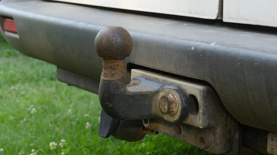 Close-up of a rusty tow hitch on the rear bumper of a vehicle against a grassy background.