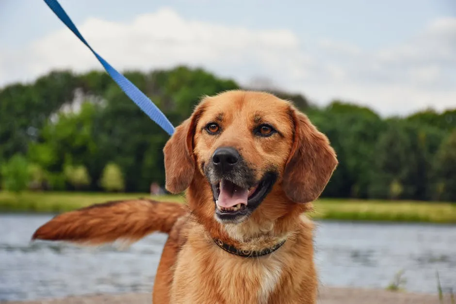Smiling brown dog on a leash with a forest and lake in the background, sunny day.