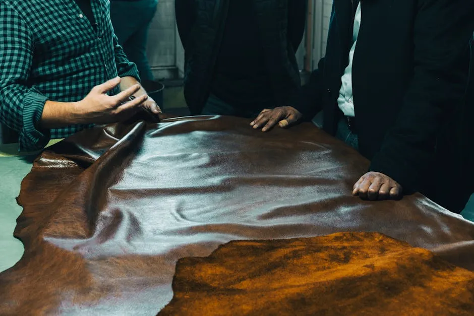 A group of craftsmen examining leather on a table in Gerede, Bolu, Türkiye.