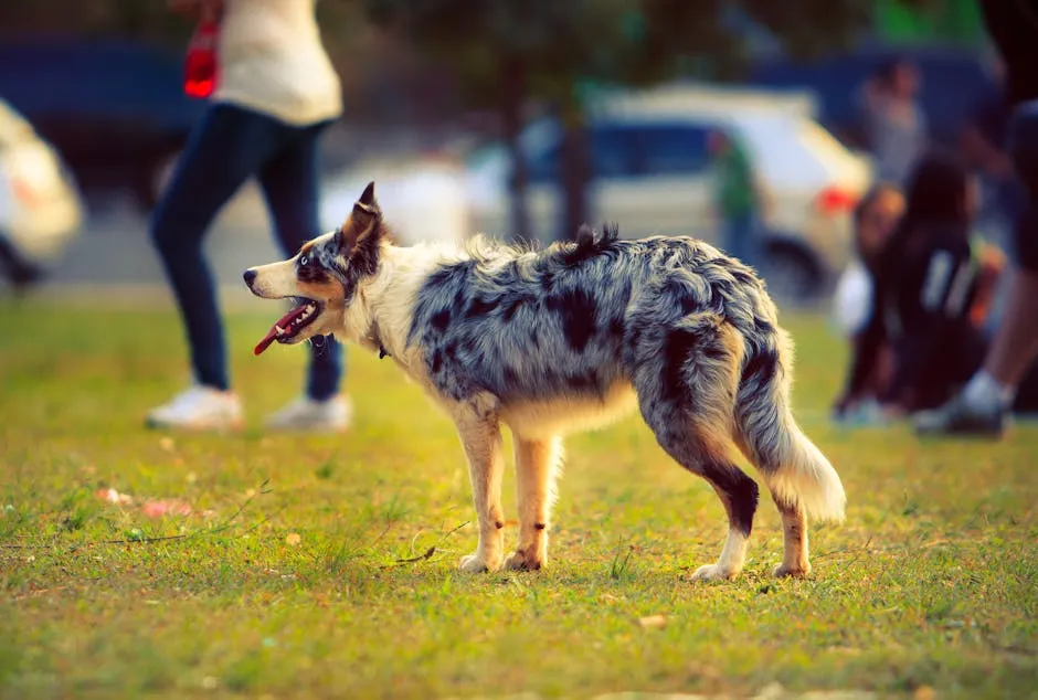 A playful Border Collie stands in a sunny park, surrounded by people and vibrant greenery.