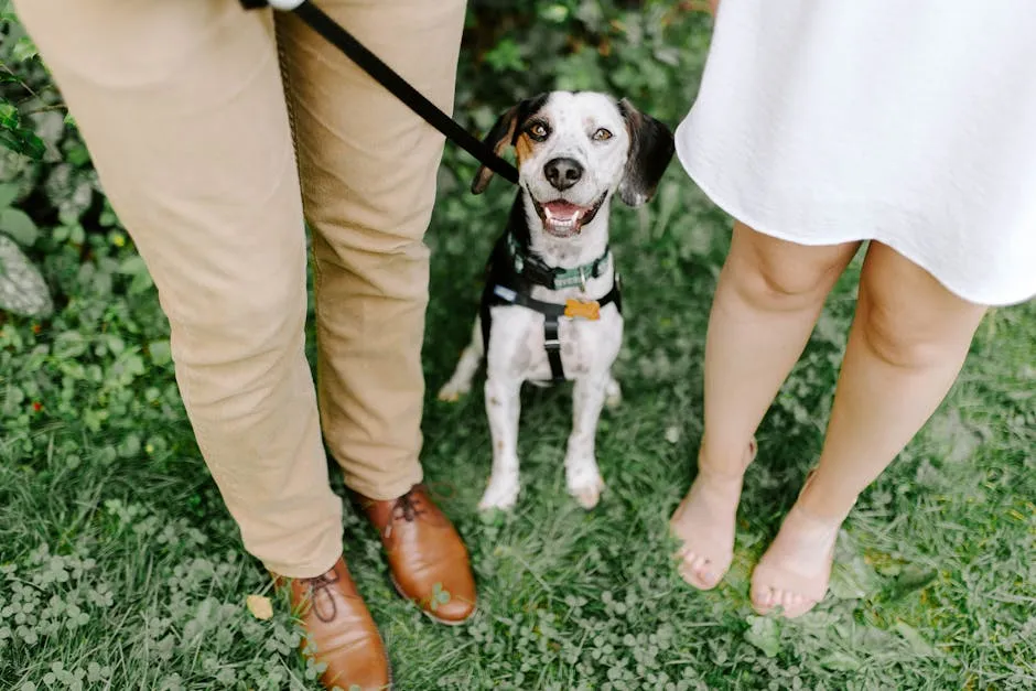 Happy dog with a couple standing on grass in a serene outdoor setting.