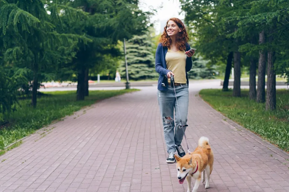 A young woman walking her Shiba Inu in an urban park, enjoying a relaxing day.