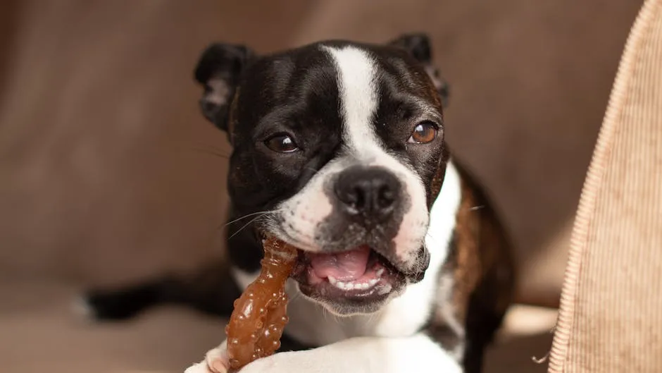 A Boston Terrier puppy enjoying a chew toy indoors. Captured in natural light, showcasing the playful nature of the breed.