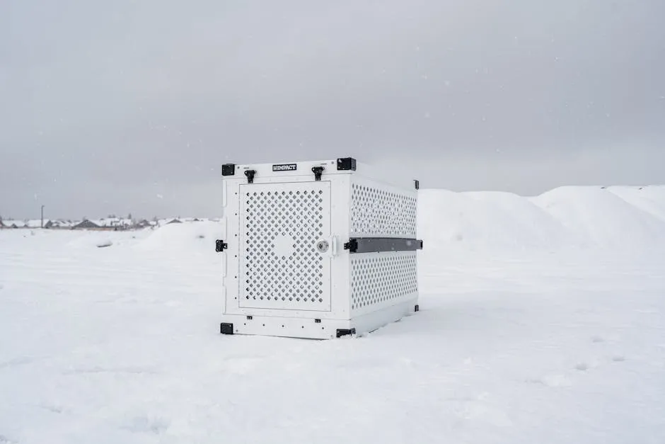 A durable Impact dog crate standing in a snowy outdoor setting, showcasing resilience.