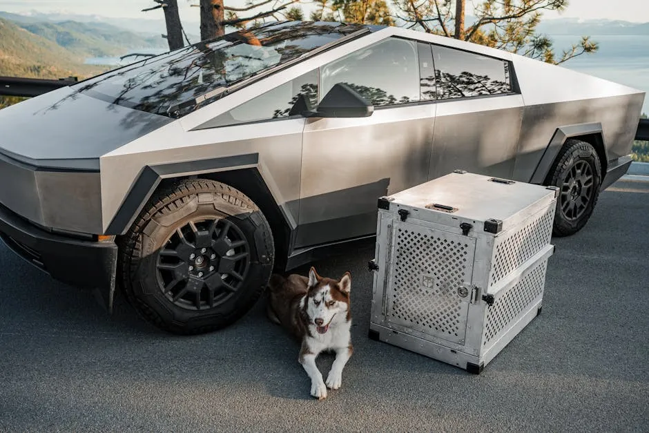 Futuristic Vehicle with Siberian Husky and Metal Crate