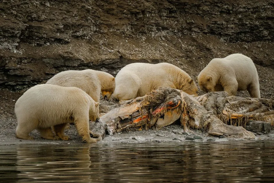 Polar Bears Feeding on Carcass by Rocky Shore