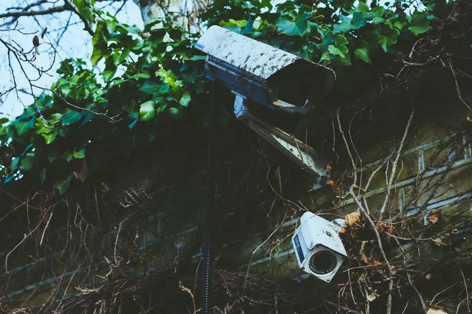 Outdoor surveillance cameras mounted on a vine-covered brick wall.