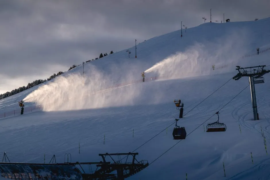 Snow Cannons Producing Snow on a Mountain Slope