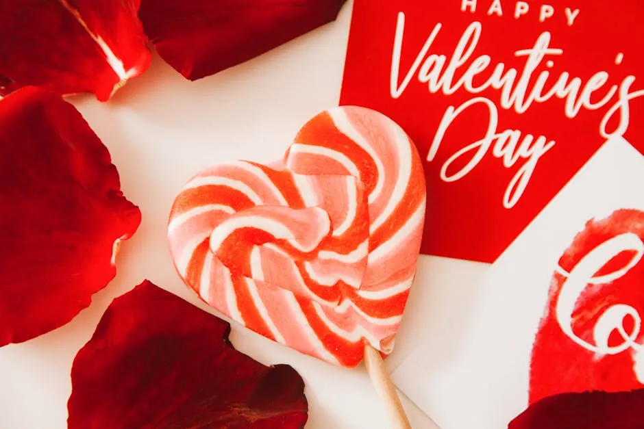 Heart-shaped lollipop with 'Happy Valentine's Day' card and red petals, symbolizing love and celebration.