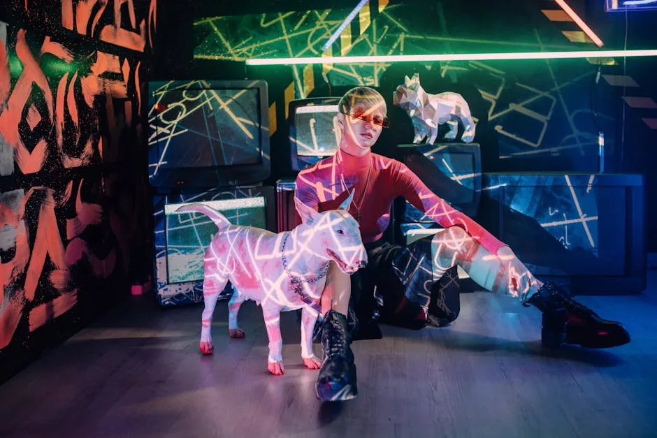 A Woman in Pink Long Sleeves and Black Skirt Sitting on the Floor Beside a White Dog