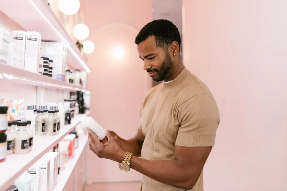 Man examines skincare product on store shelf, surrounded by cosmetics in a well-lit boutique.